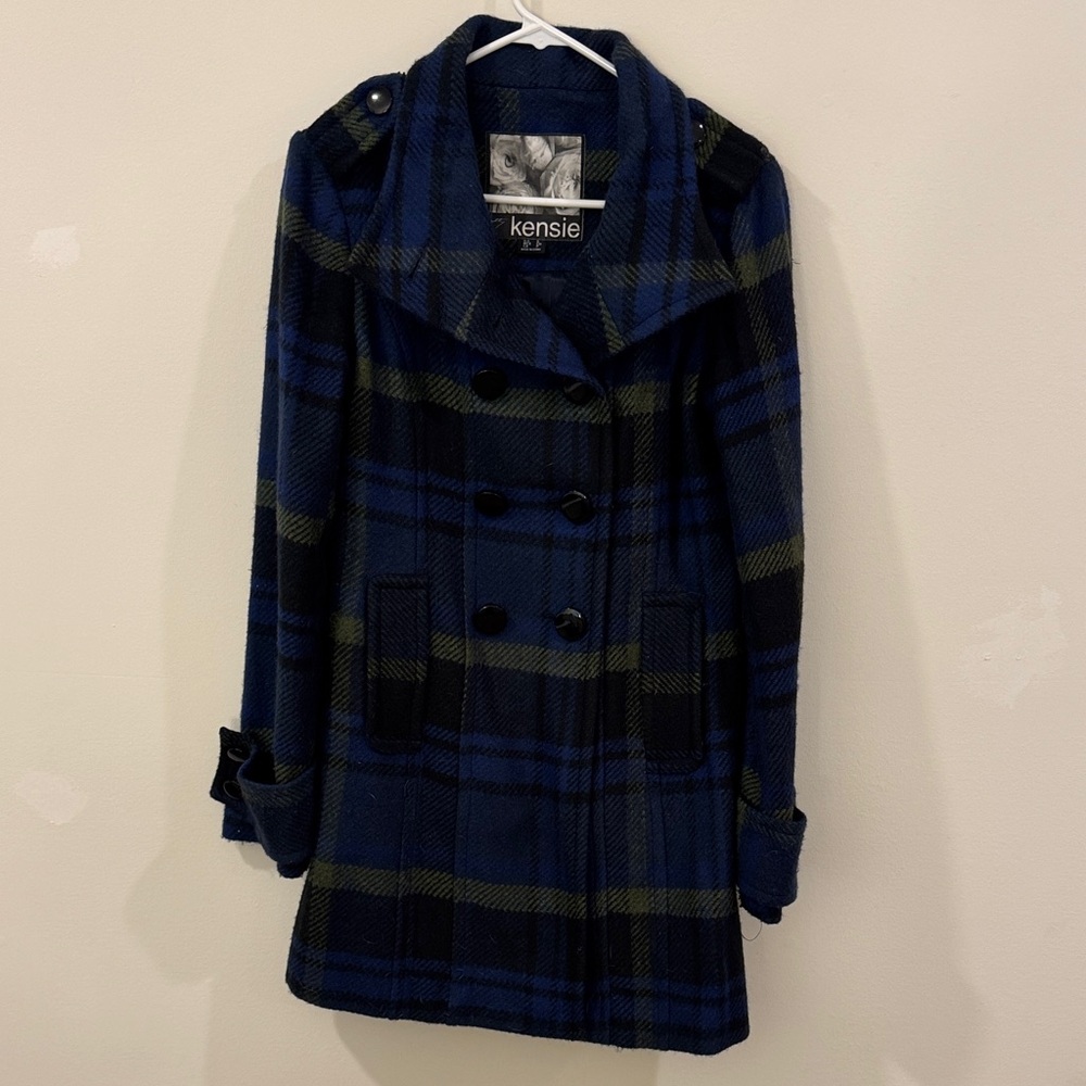 Kensie Women's Navy and Black Plaid Pea Coat